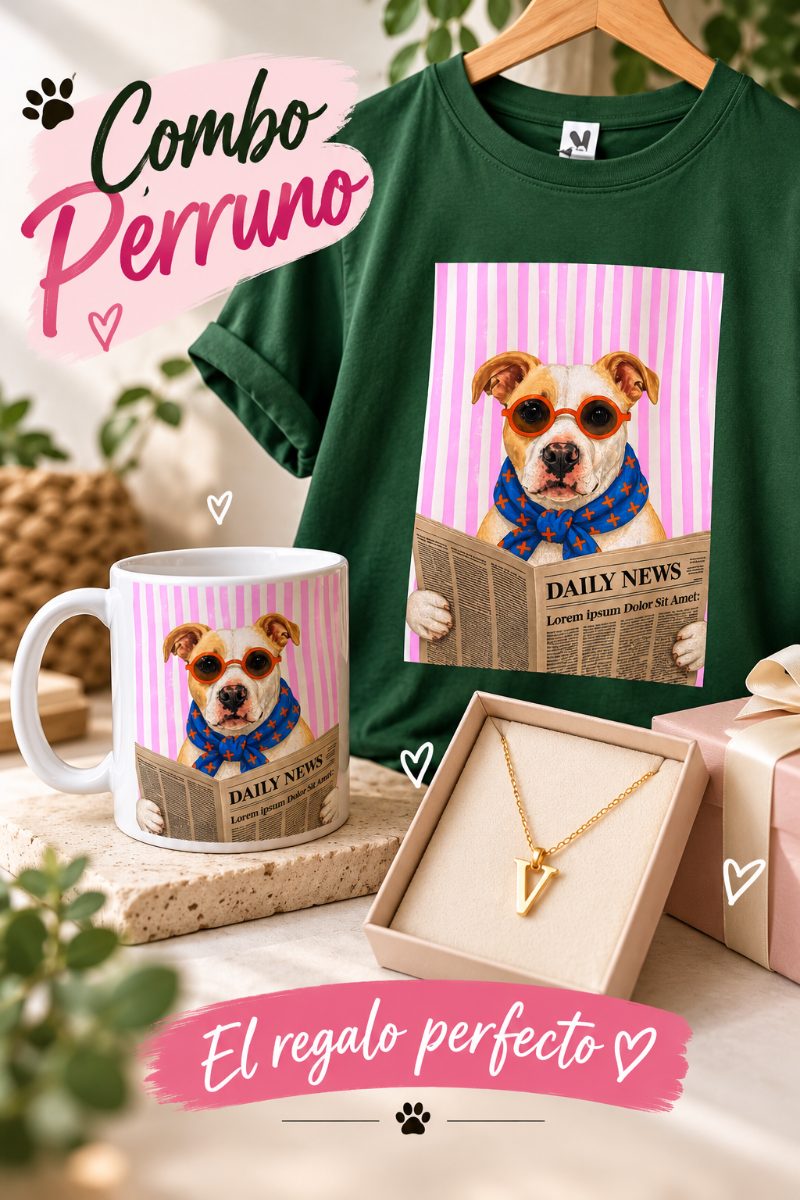 Combo de polera, taza y collar con el mismo diseño